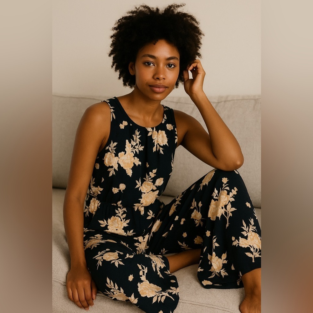 Pact Black Jumpsuit with Cream Floral Print